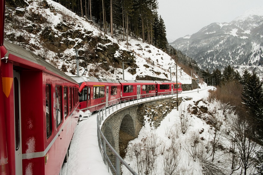 The train Bernina Express in winter