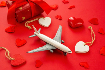 Valentine's,Card,,Beautiful,Red,Background,With,Airplanes.,Selective,Focus.,Love.