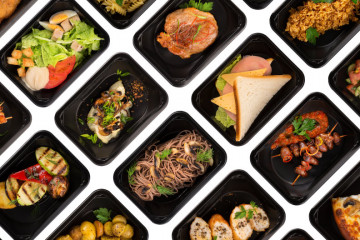 Collection,Of,Black,Plastic,Take,Away,Boxes,With,Healthy,Food.