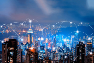 Digital,Network,Connection,Lines,Of,Hong,Kong,Downtown,And,Victoria