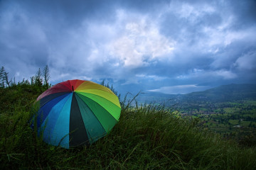 A,Rainbow,Colored,Umbrella,Enjoying,And,Relaxing,On,The,Green