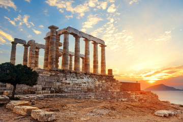 Sunset,At,Temple,Of,Poseidon,Near,Athens,,Greece.
