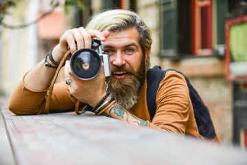 Just,Smile.,Travel,Tips.,Professional,Photographer,Use,Vintage,Camera.,Bearded