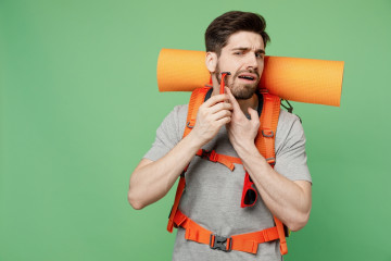 Young,Traveler,White,Man,Carry,Backpack,Stuff,Mat,Shaving,Beard