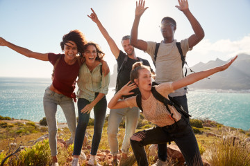 Millennial,Friends,On,A,Hiking,Trip,Celebrate,Reaching,The,Summit
