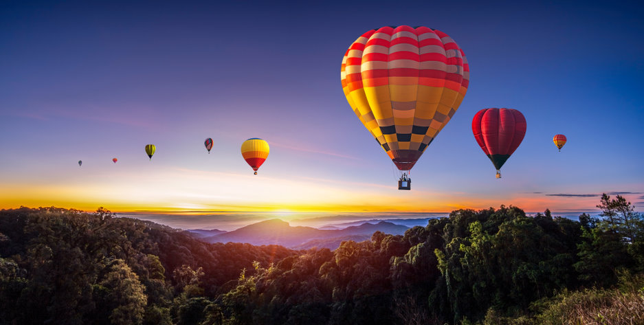 Colorful,Hot,Air,Balloons,Flying,Over,Mountain,At,Dot,Inthanon