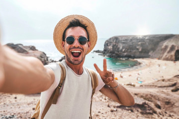 Handsome,Man,Wearing,Hat,And,Sunglasses,Taking,Selfie,Picture,On