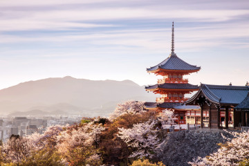 Sunset,At,Kiyomizu-dera,Temple,And,Cherry,Blossom,Season,(sakura),On