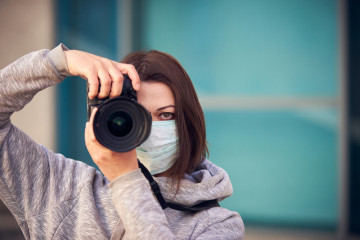Woman,Photographer,In,Mask,With,Camera,On,Street,Because,Epidemic