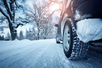 Car,Tires,On,Winter,Road,Covered,With,Snow