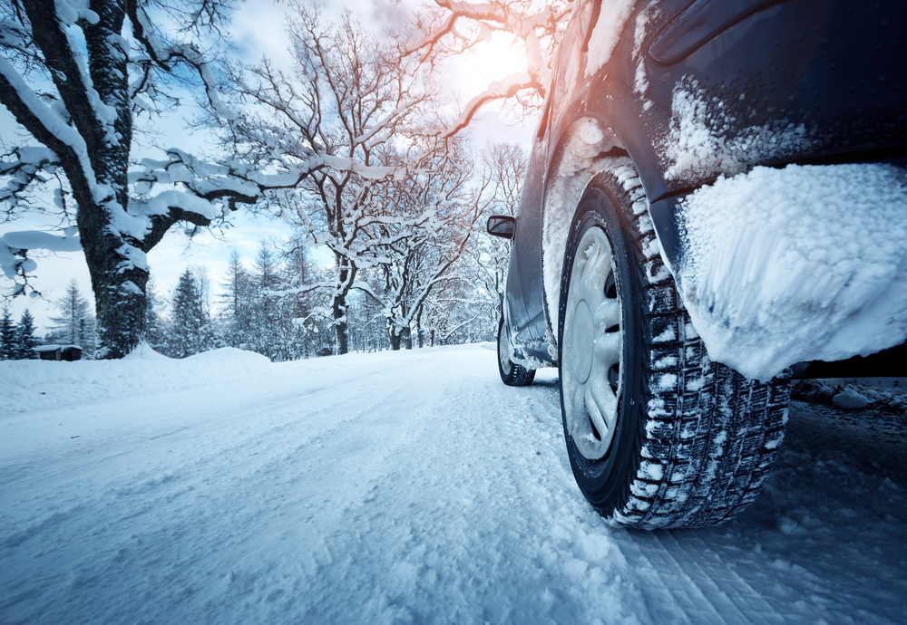 Car,Tires,On,Winter,Road,Covered,With,Snow