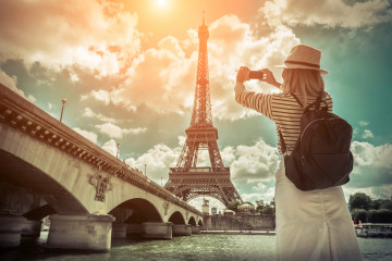Woman,Tourist,Selfie,Near,The,Eiffel,Tower,In,Paris,Under