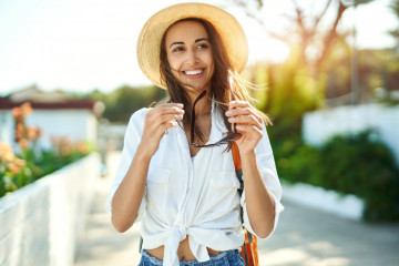 Portrait,Cheerful,Tourist,Woman,Walking,Ancient,Street.,Attractive,Woman,In