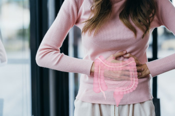 Woman,Hands,Touching,On,Stomach,With,Intestine,Virtual,Icon,,Probiotics