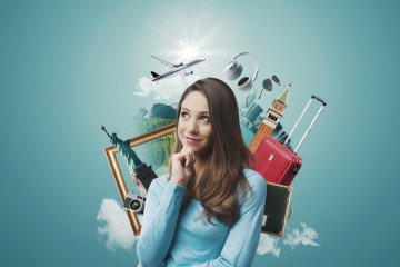 Happy,Woman,Dreaming,Of,Traveling,,She,Is,Surrounded,By,Travel