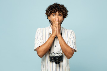 Traveler,Shocked,Indian,Man,Wear,White,Casual,Clothes,Cover,Mouth