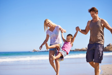 Family,,Child,And,Fun,By,Swinging,On,Beach,,Love,And